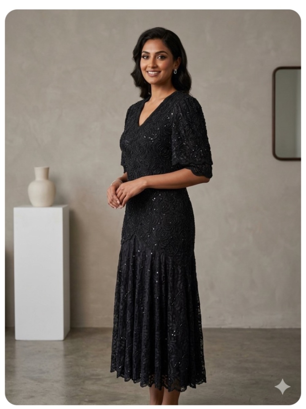 La Divina Women’s Vintage Black Beaded V-Neck Midi Dress